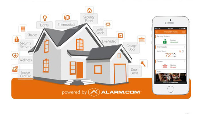 An infographic for Alarm.com showing a house surrounded by icons for smart home features like lights, locks, and security. A smartphone displays the app used to control the entire system.