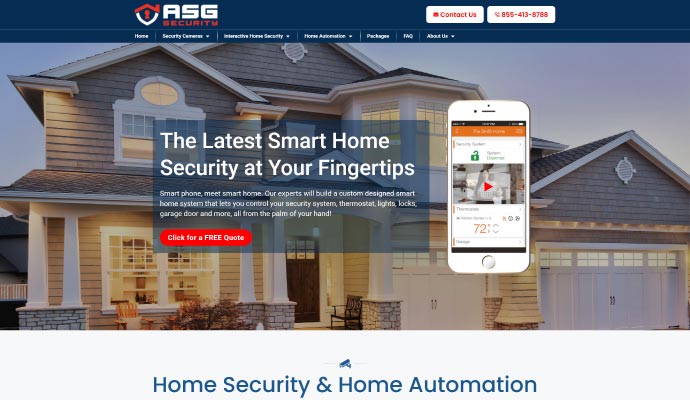 Screenshot of the ASG Security website homepage, showing a modern house with the headline 'The Latest Smart Home Security at Your Fingertips' and an image of a smartphone displaying the security app.
