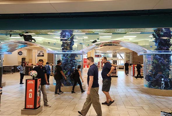People walking and shopping inside a store featuring a large overhead aquarium tunnel.