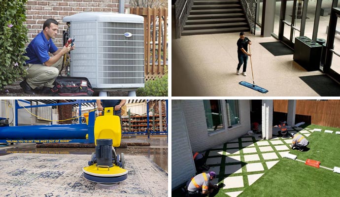 Collage of professional HVAC repair, commercial cleaning, rug washing and synthetic grass installation.
