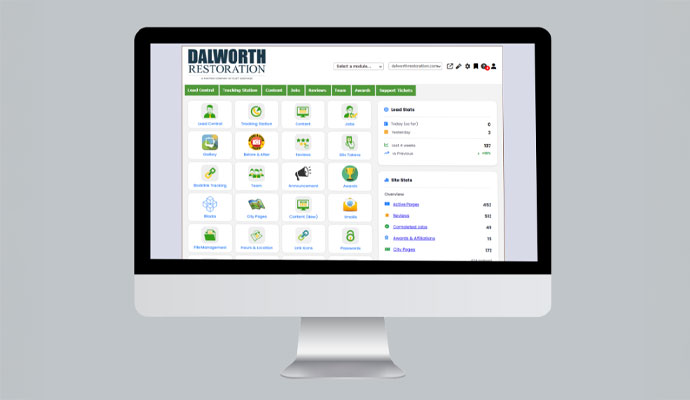 Dalworth Restoration dashboard on jupiterplatform cms