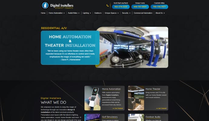 Screenshot of the Digital Installers website homepage, showing their services in home automation and theater installation, with a feature image of a luxury garage with a car lift.