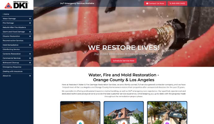 Screenshot of the Restotech DKI homepage, a restoration company in Orange County. The page highlights emergency services for water and fire damage, with a headline 'We Restore Lives!' and prominent contact information.
