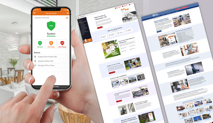 A composite image showing a hand holding a smartphone with a security system app on the left, alongside two examples of home security website designs