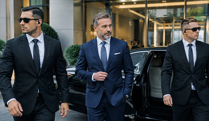 Business executive escorted by security guards near a car