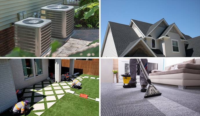 Collage of outdoor AC unit roof installation, grass installation, and carpet cleaning