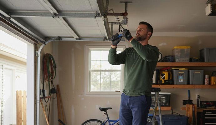 Technician repairing a garage door