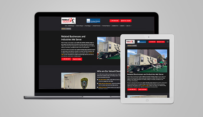 Gun range industry content and service pages displayed on digital screens