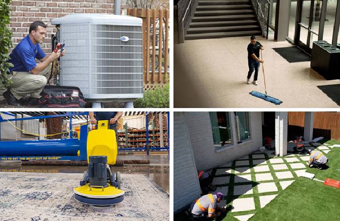 HVAC repair, commercial cleaning, rug cleaning, and turf installation services