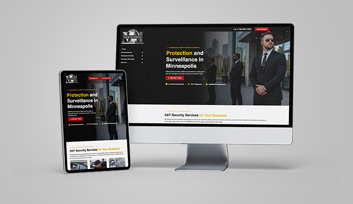 Security company website design on a desktop monitor and tablet