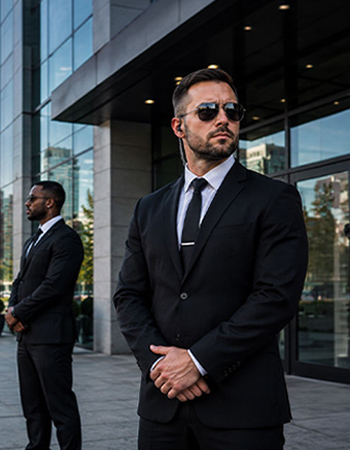 Security guards standing outside a commercial building