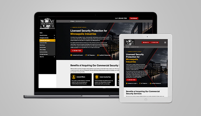 Security service content and website pages on digital screens