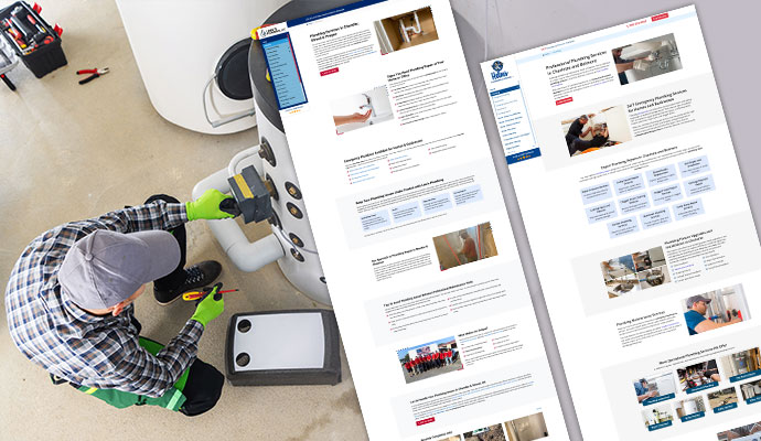 A composite image showing a plumber working on equipment on the left and two examples of website designs for plumbing services on the right