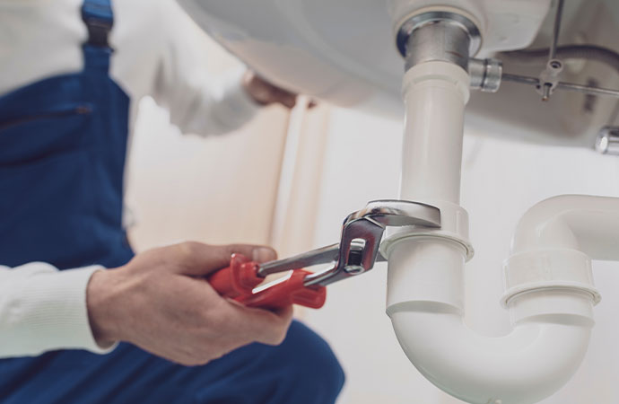 A plumber tightening sink pipe with equipment