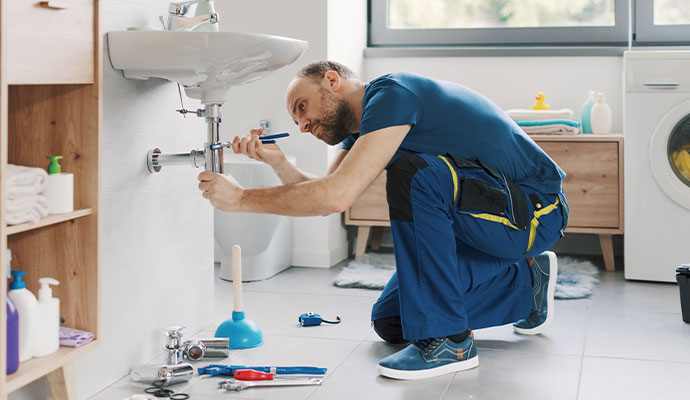 Professional plumber tightening sink pipe