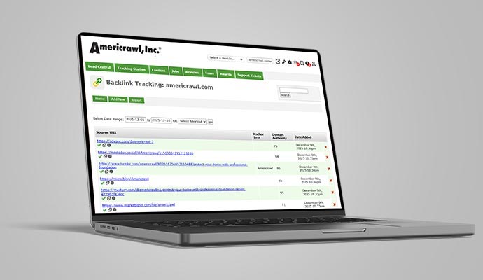 Americrawl backlink tracking dashboard on a laptop