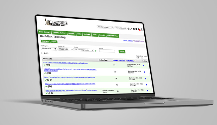 Backlink tracking and SEO management dashboard on a laptop screen