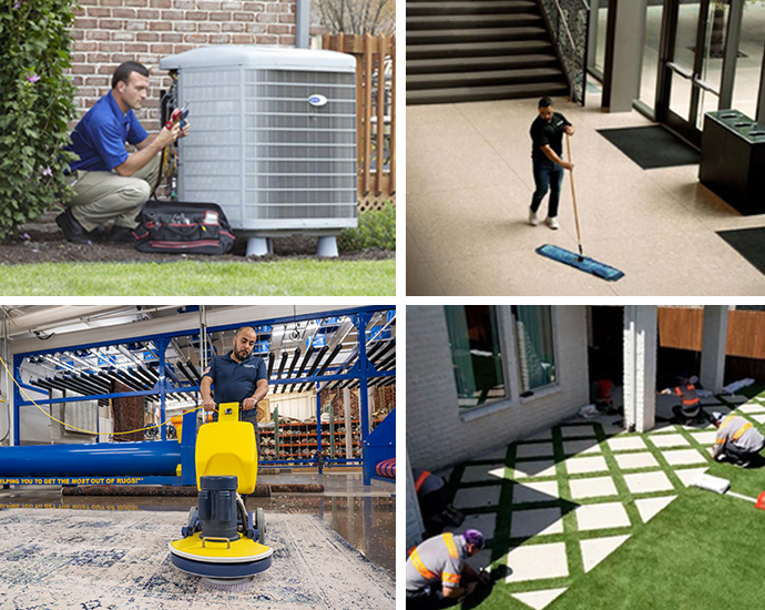 HVAC repair, commercial cleaning, rug cleaning, and turf installation services