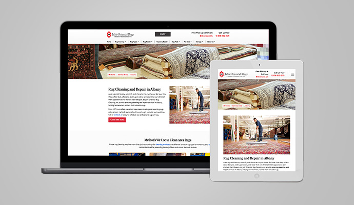 Rug cleaning website content and service pages on digital screens
