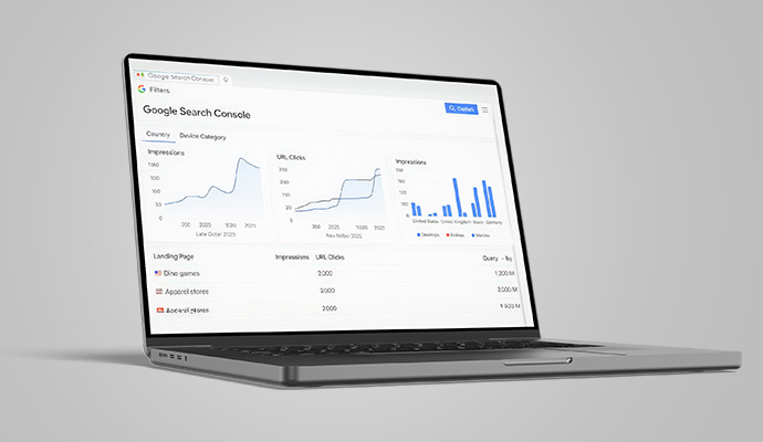 Search console traffic and lead generation analytics on a laptop screen